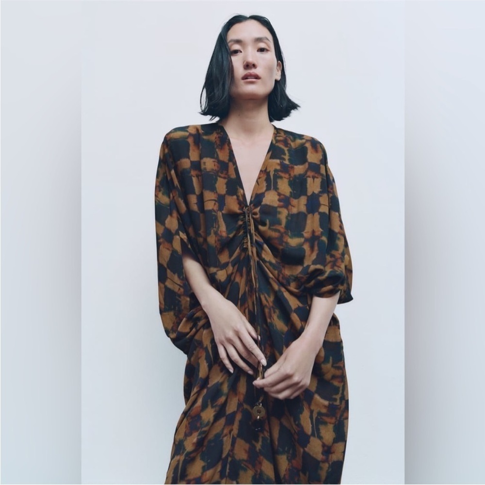 ZARA Viscose Tunic Dress Adjustable Ruched Front Size M-L Limited Edition